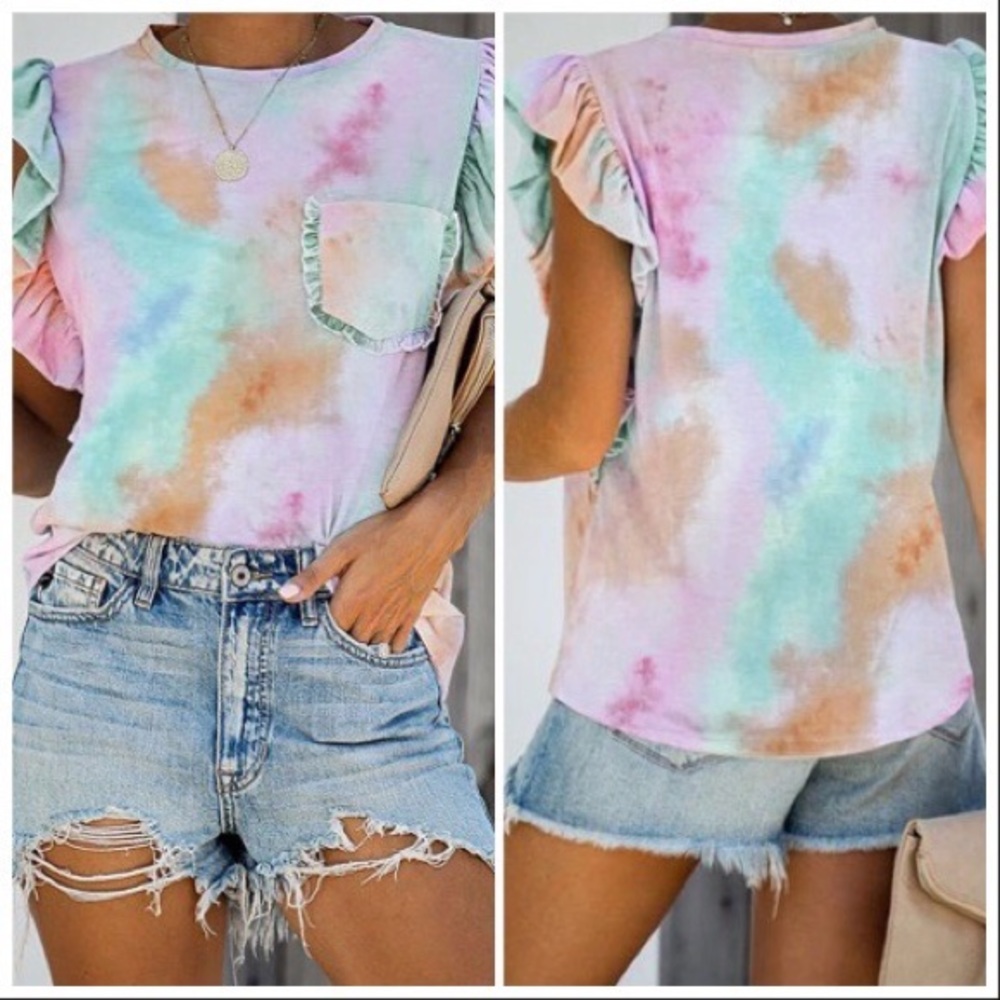NEW‼️Multicolor Tie-dye Ruffled Cap Sleeves- top